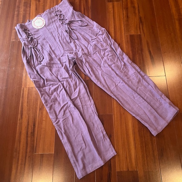 New NWT Umgee Purple Linen Wide Leg Tie Front Elastic Pants Lavender Size Large - Picture 1 of 9